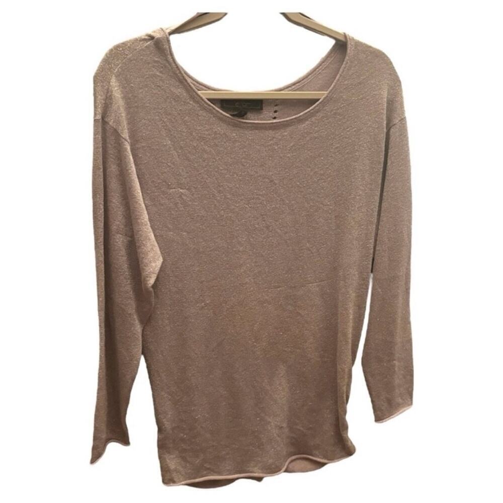 Jessica Simpson Metallic Scoop Neck Long Sleeve Top Beige S